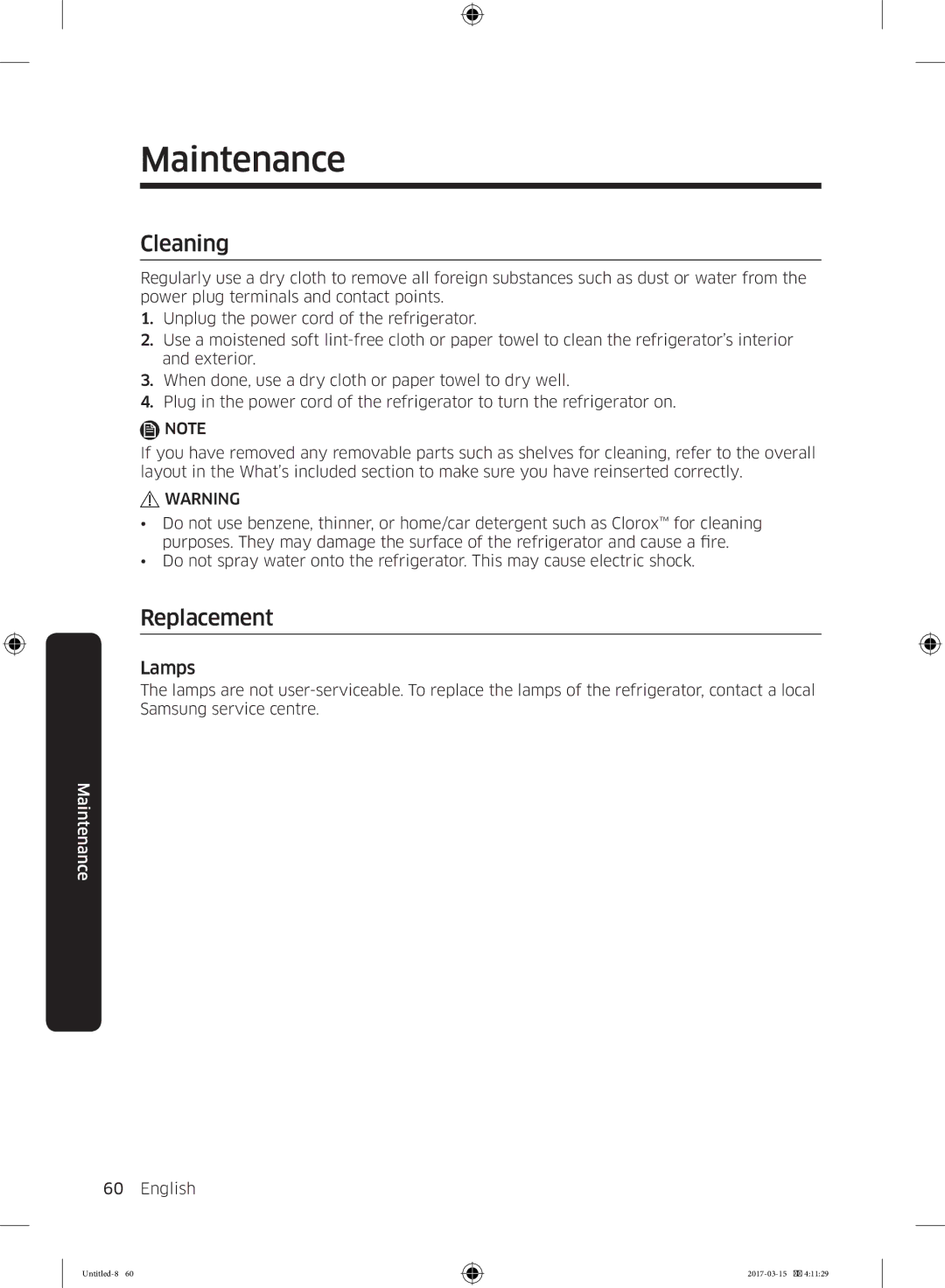 Samsung RT21M6211SG/ME manual Cleaning, Replacement, Lamps 