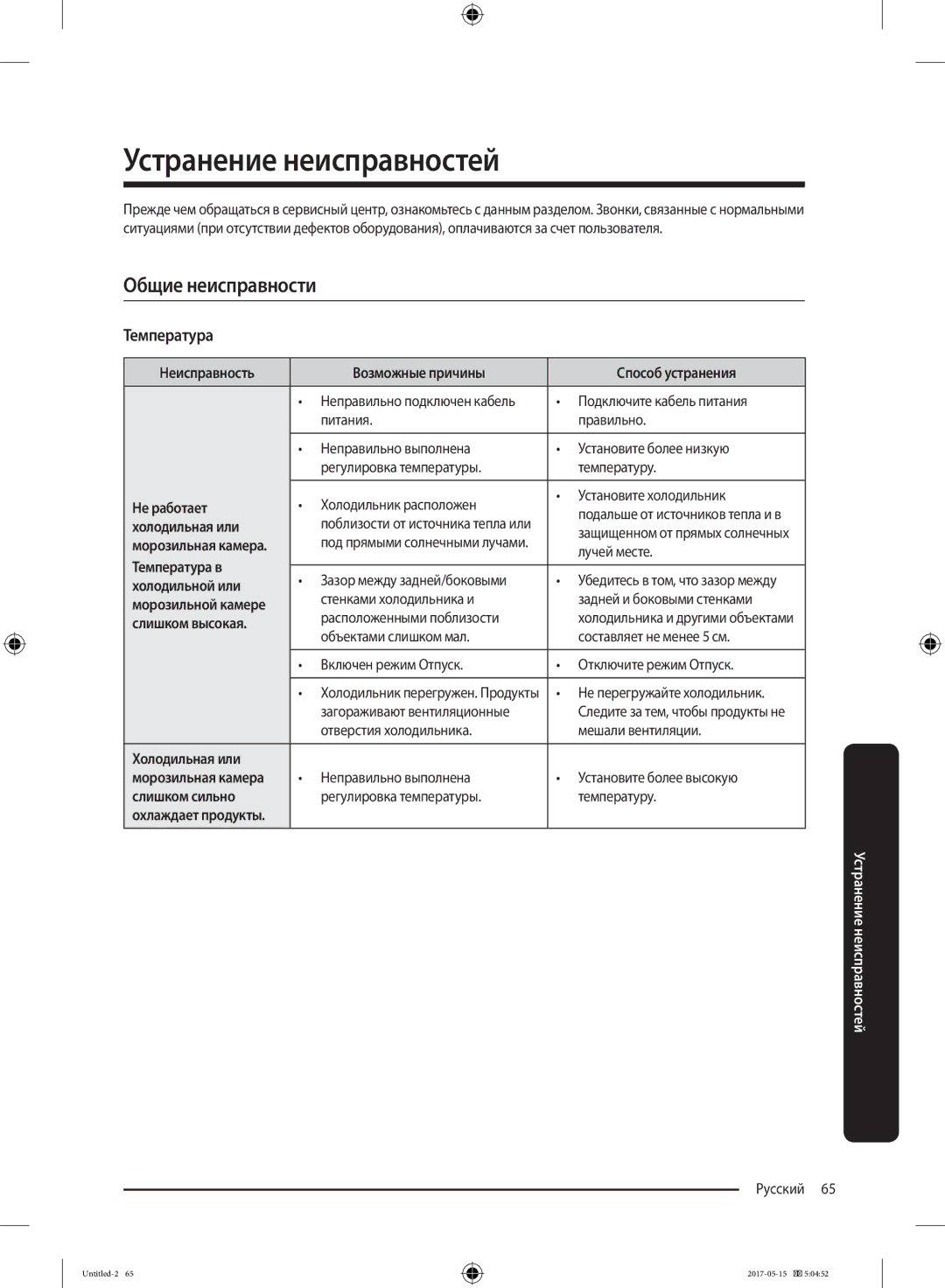 Samsung RT21M6211SR/ML manual Устранение неисправностей, Температура 