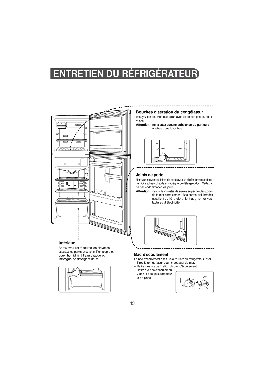 Samsung RT24MHSW1/CAF, RT21MHSW1/CAF manual Intérieur, Bouches d’aération du congélateur, Joints de porte, Bac découlement 