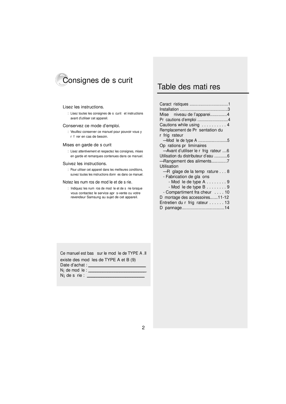 Samsung RT21MHSW1/CAF, RT21MHSW1/CAH, RT24MHSW1/CAF manual Consignes de sécurité, Table des matières 