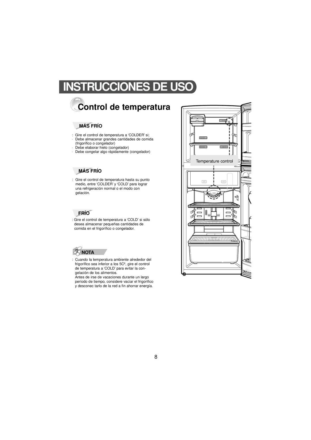 Samsung RT24MHSW1/XEP, RT24MGSW1/AFK manual Instrucciones DE USO, Control de temperatura 