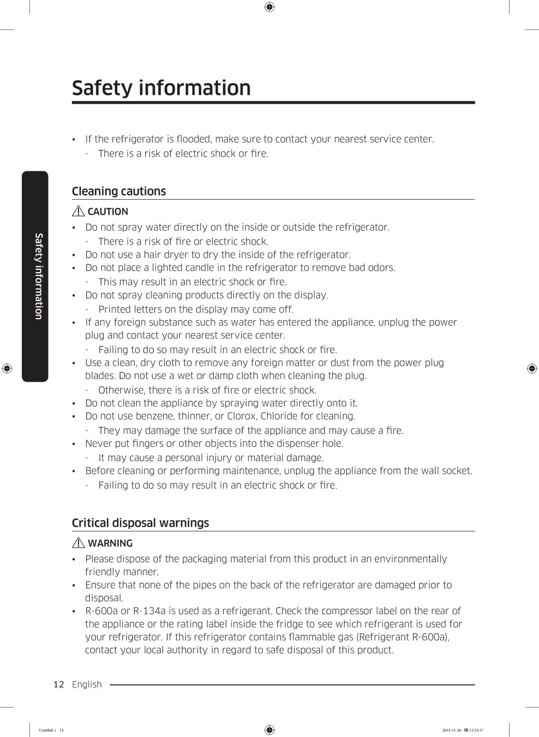 Samsung RT25K3002S8/MA manual Cleaning cautions, Critical disposal warnings 