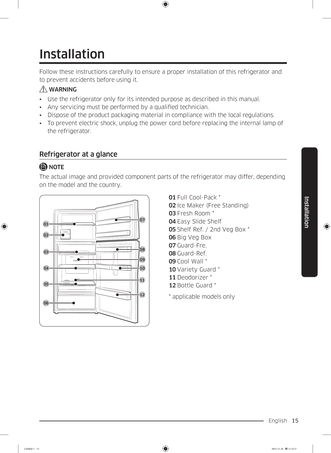 Samsung RT25K3002S8/MA manual Installation, Refrigerator at a glance 