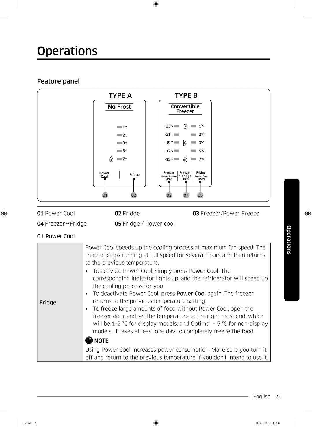 Samsung RT25K3002S8/MA manual Operations, Feature panel 