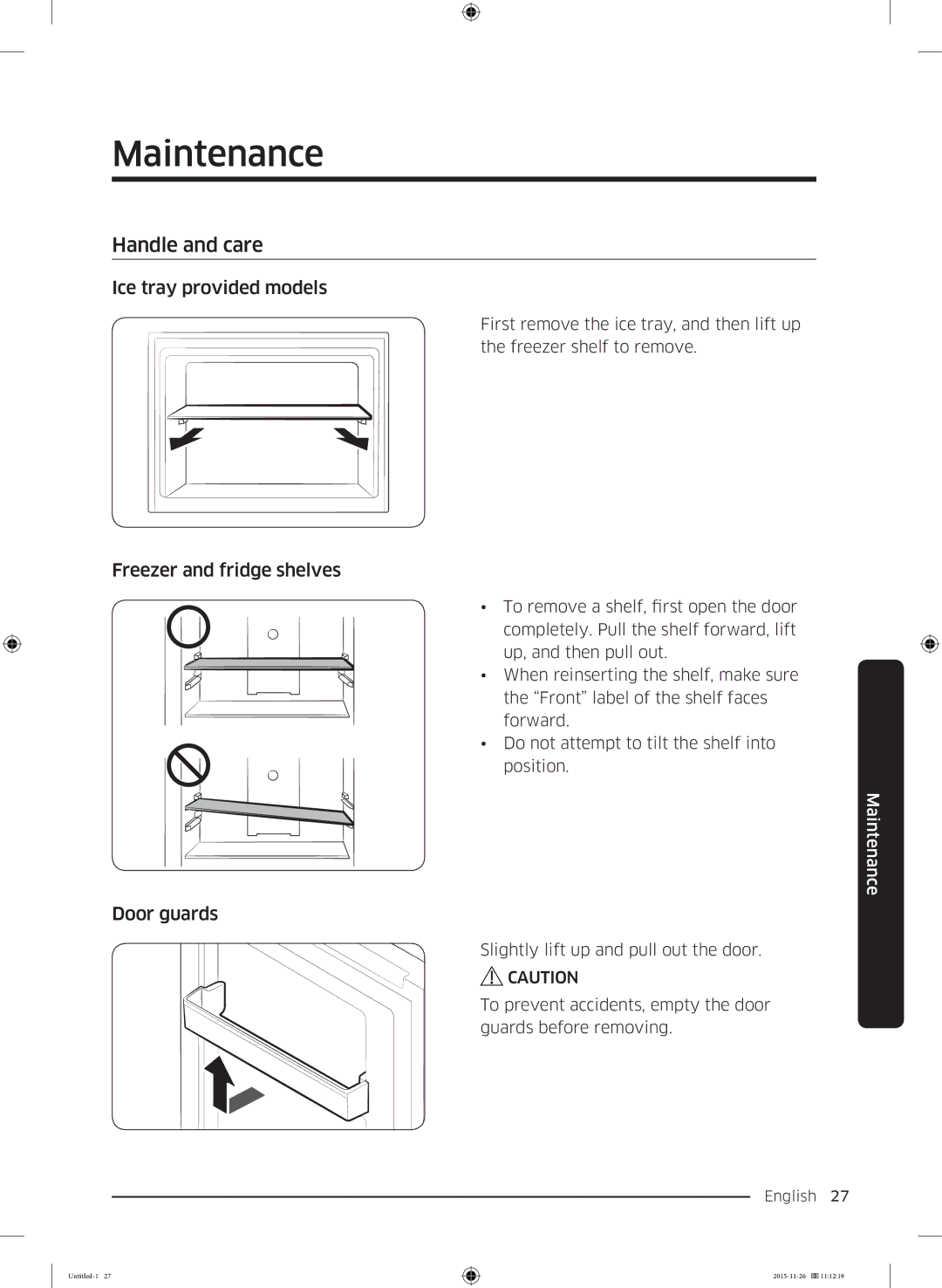 Samsung RT25K3002S8/MA Maintenance, Handle and care, Ice tray provided models, Freezer and fridge shelves, Door guards 