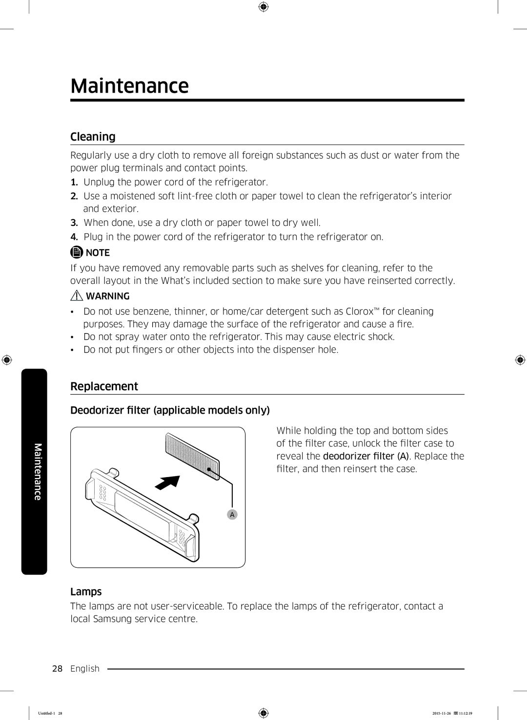 Samsung RT25K3002S8/MA manual Cleaning, Replacement, Deodorizer filter applicable models only, Lamps 