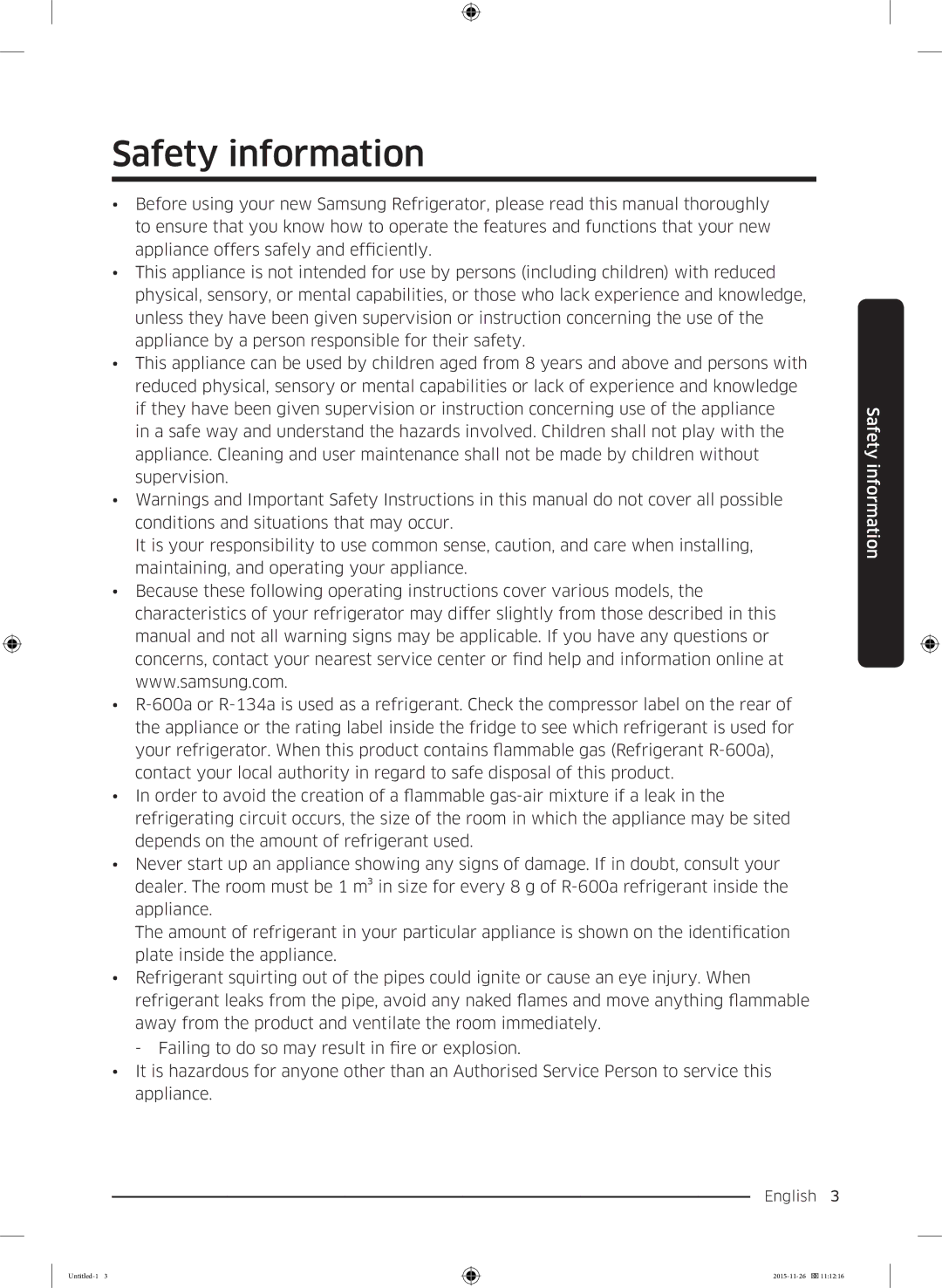 Samsung RT25K3002S8/MA manual Safety information 