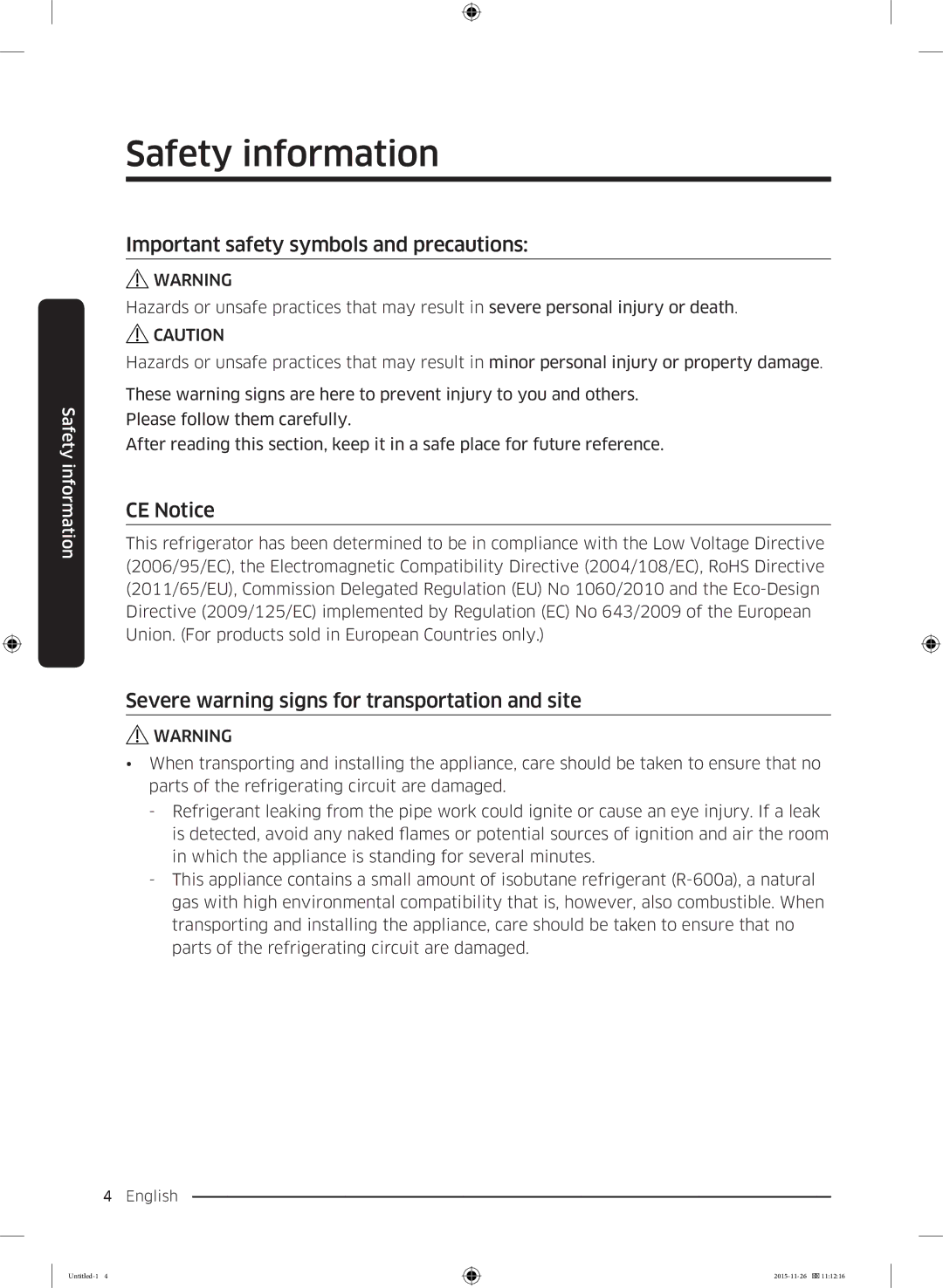 Samsung RT25K3002S8/MA manual Important safety symbols and precautions, CE Notice 