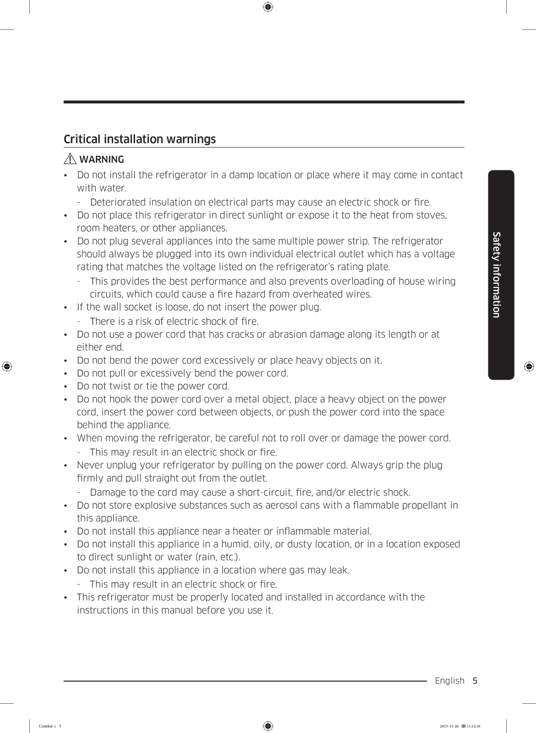 Samsung RT25K3002S8/MA manual Critical installation warnings 