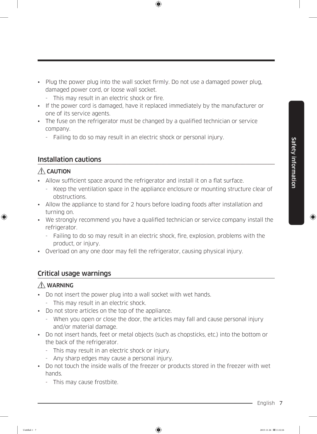 Samsung RT25K3002S8/MA manual Installation cautions, Critical usage warnings 