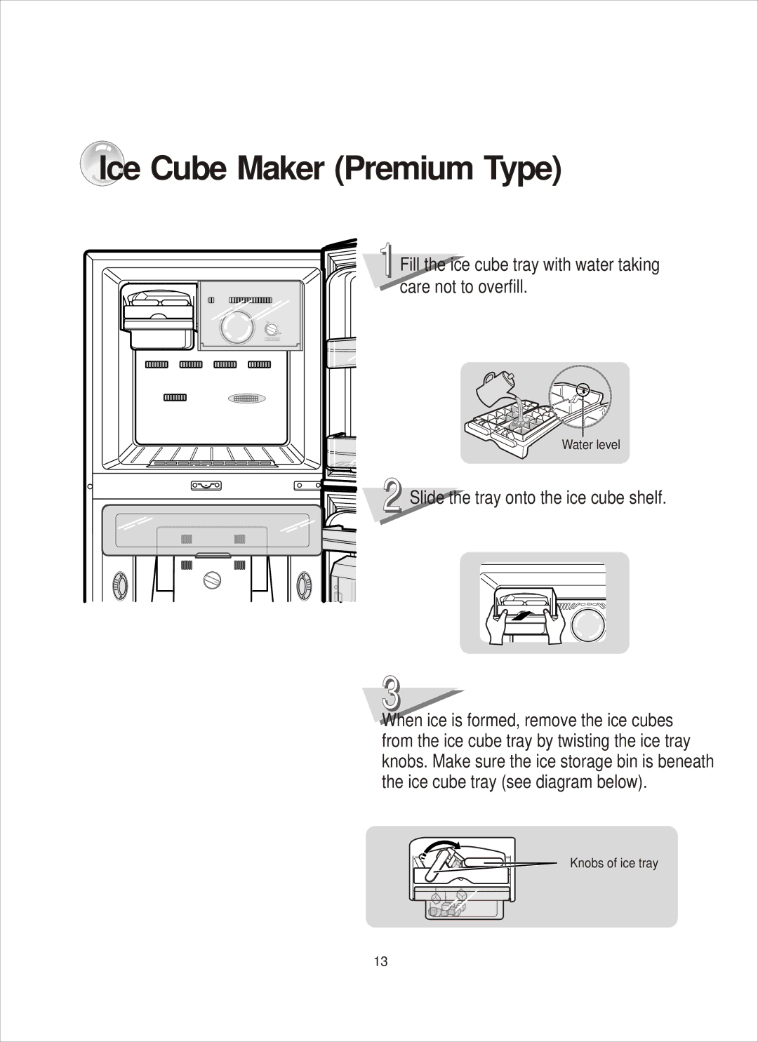 Samsung RT26, RT31 manual Ice Cube Maker Premium Type, Slide the tray onto the ice cube shelf 