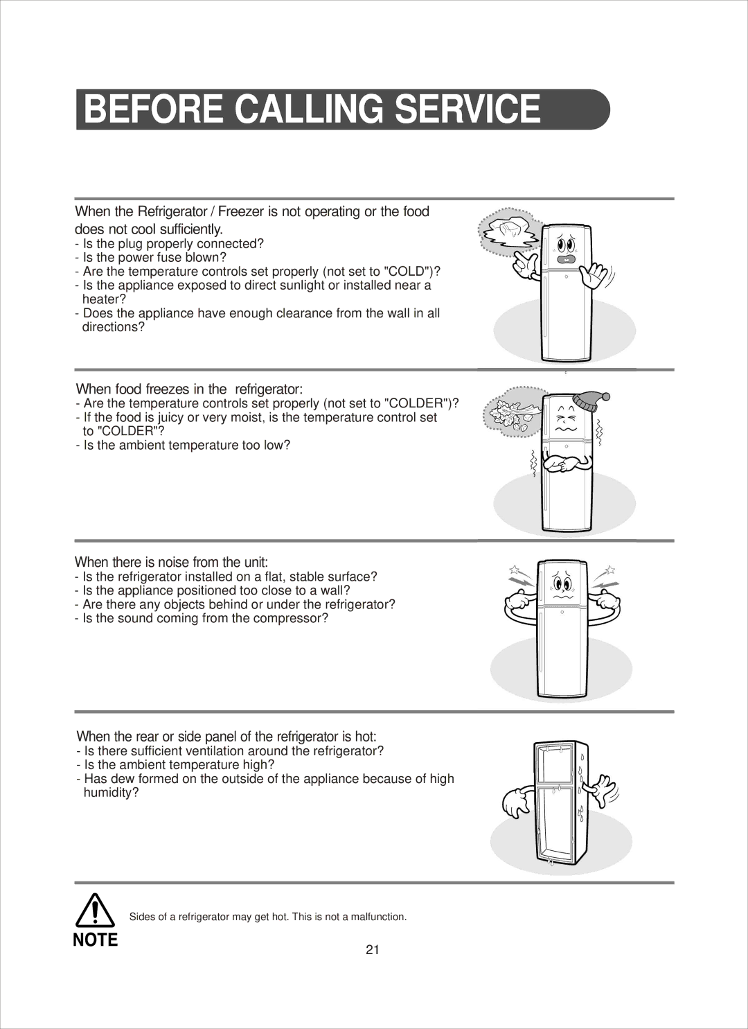 Samsung RT26, RT31 manual Before Calling Service, When food freezes in the refrigerator 