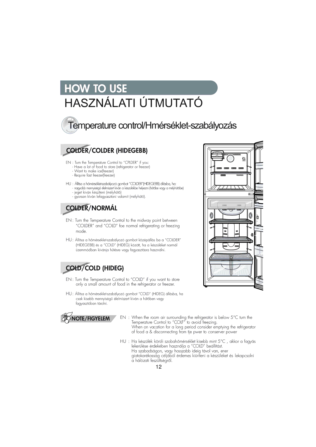 Samsung RT34MBSS1/XEH, RT30MASW1/XEH, RT37MASS1/XEH manual Használati Útmutató, Temperature control/Hmérséklet-szabályozás 