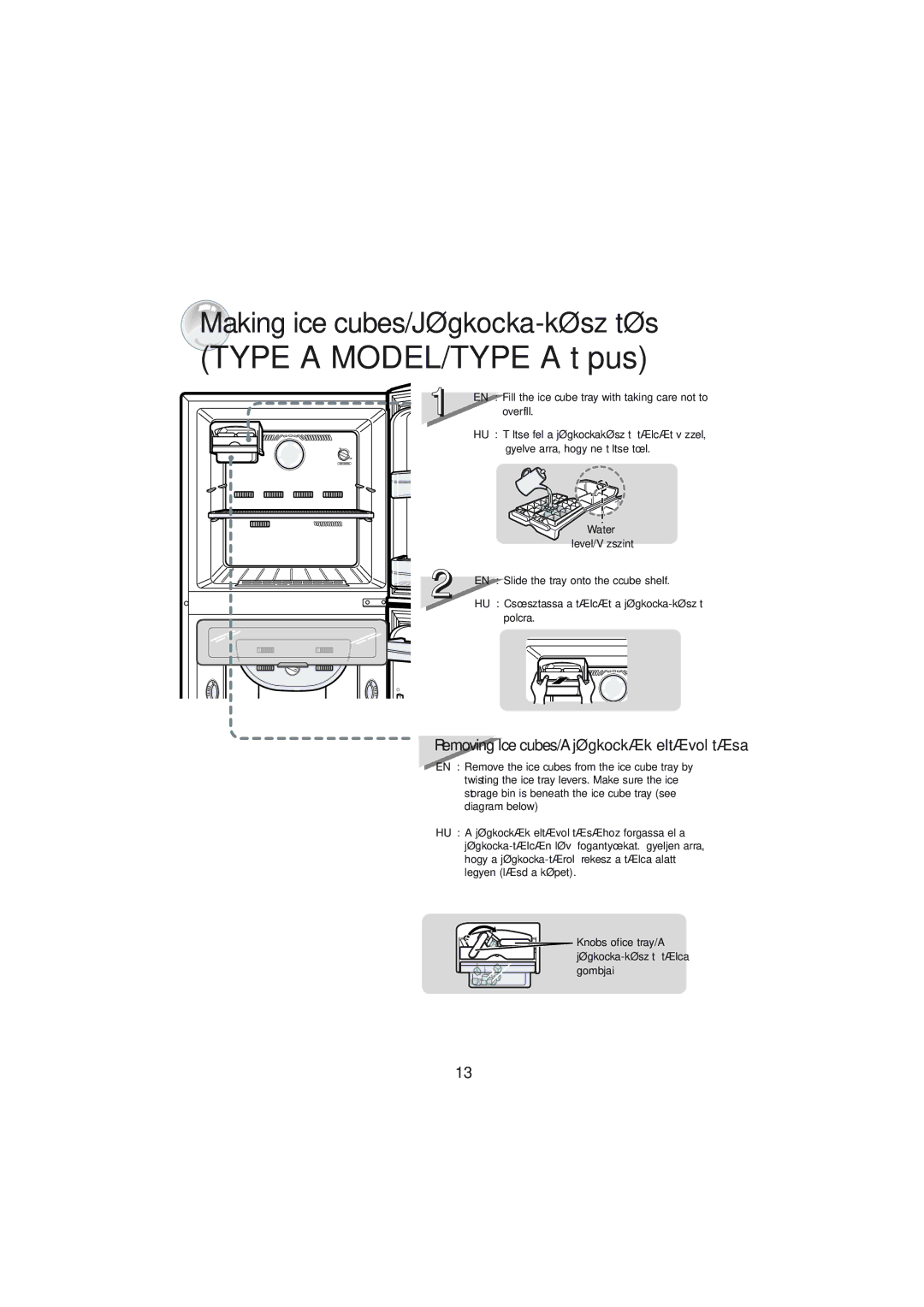 Samsung RT34MASW1/XEH, RT30MASW1/XEH manual Making ice cubes/Jégkocka-készítés, Removing Ice cubes/A jégkockák eltávolítása 