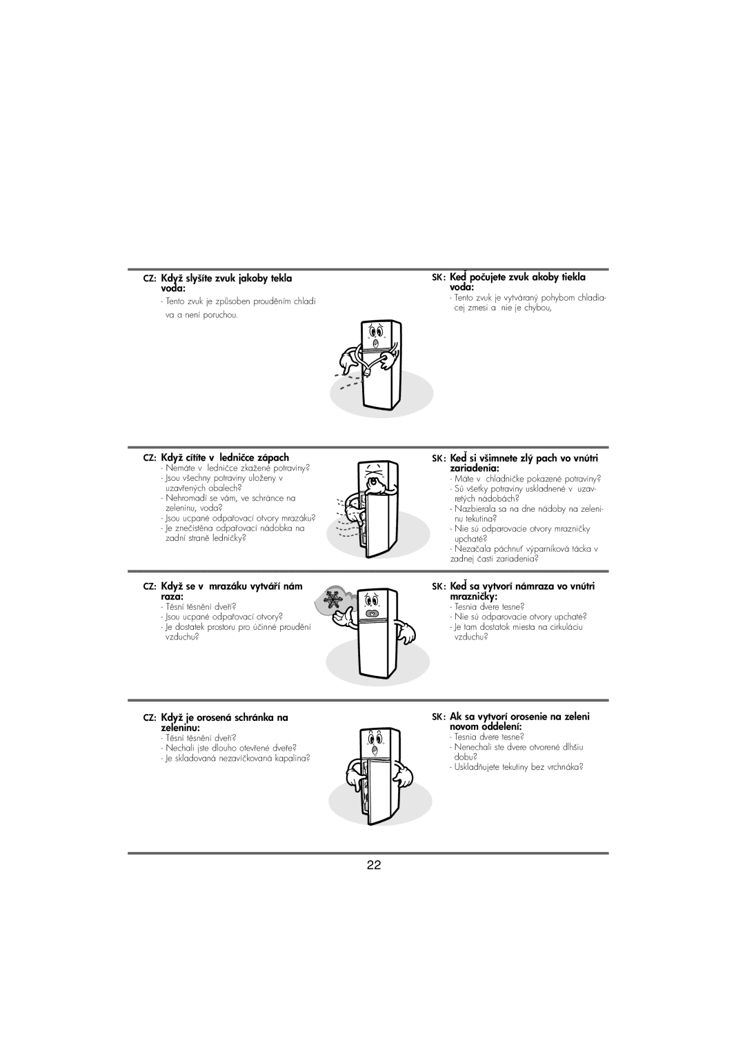 Samsung RT37MASS1/XEH CZ Když slyšíte zvuk jakoby tekla voda, SK Keuk akoby tiekla voda, CZ Když cítíte v ledničce zápach 