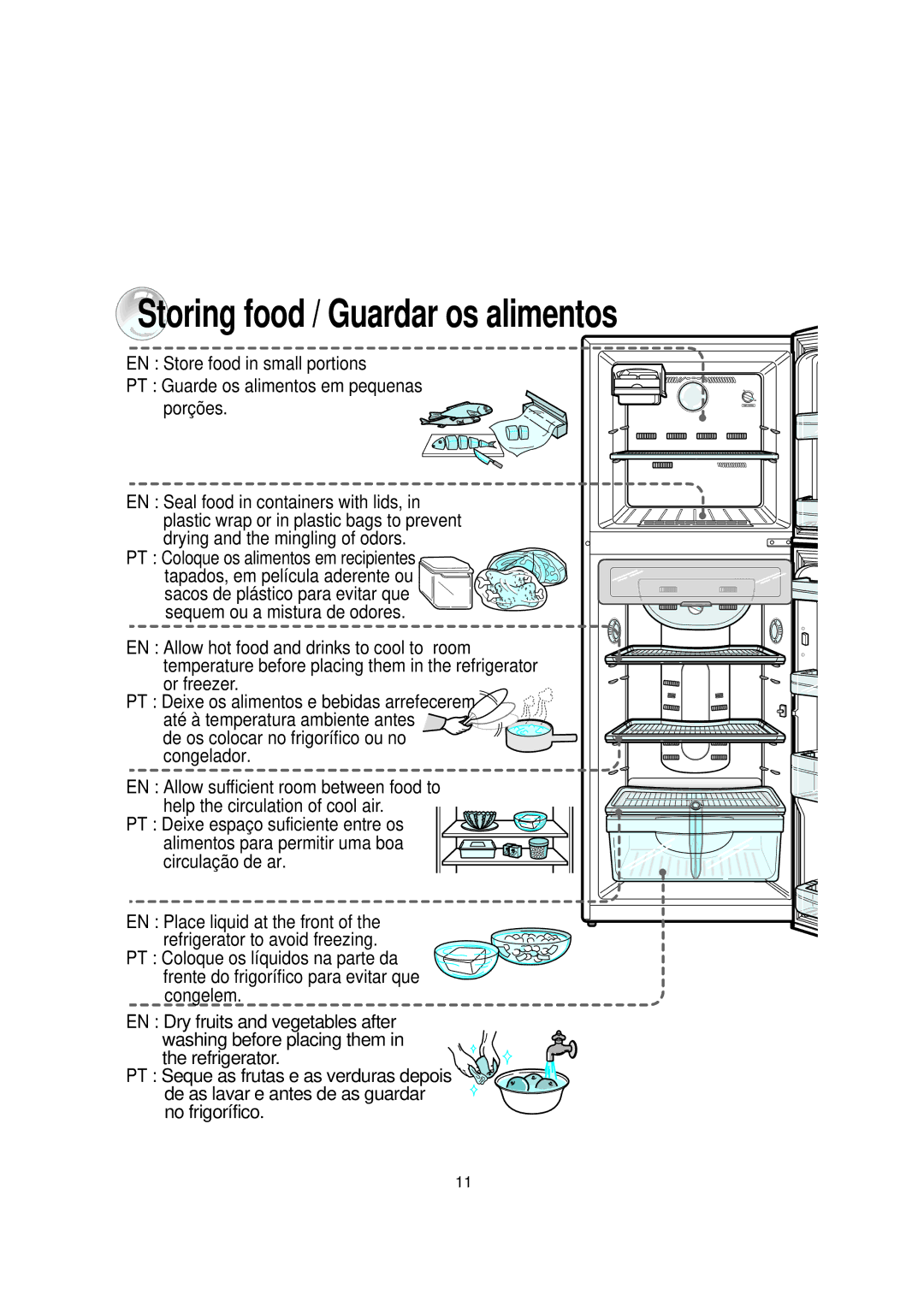 Samsung RT30MASW2/ZAM, RT30MBSW1/XEP, RT30MASW1/XEH, RT30MASW1/XAP, RT30MASW1/MOH manual Storing food / Guardar os alimentos 