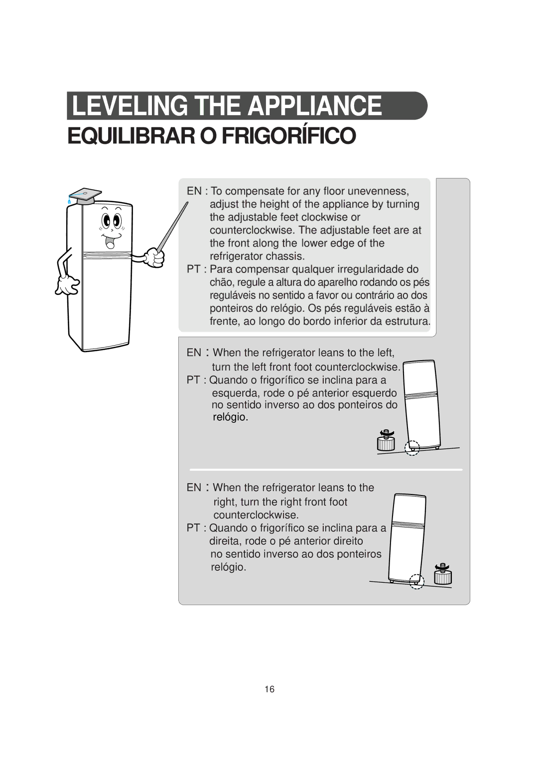 Samsung RT30MASW1/XAP, RT30MBSW1/XEP, RT30MASW1/XEH, RT30MASW1/MOH manual Leveling the Appliance, Equilibrar O Frigorífico 