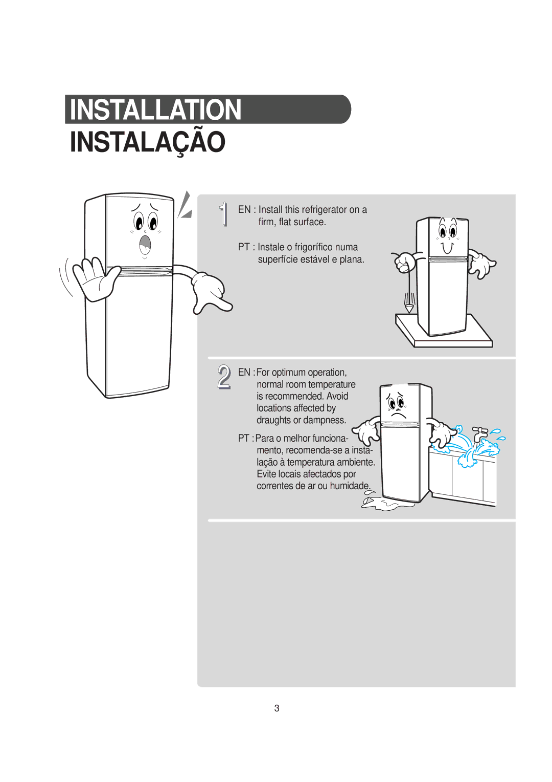 Samsung RT30MASW1/JUM, RT30MBSW1/XEP manual Installation, Instalação, EN Install this refrigerator on a Firm, flat surface 