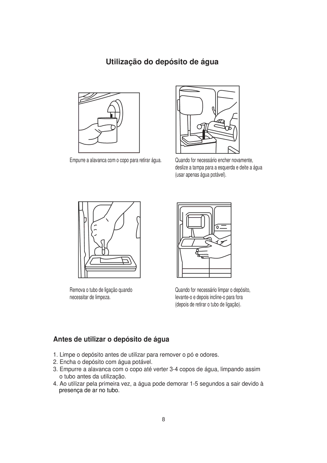 Samsung RT30MASW1/BLS, RT30MBSW1/XEP, RT30MASW1/XEH, RT30MASW1/XAP, RT30MASW1/MOH manual Utilização do depósito de água 