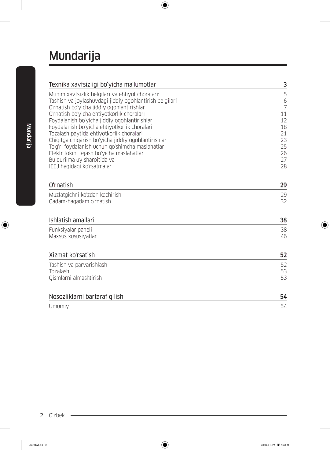 Samsung RT29K5030S8/WT manual Texnika xavfsizligi bo‘yicha ma‘lumotlar, ‘rnatish, Ishlatish amallari, Xizmat ko‘rsatish 