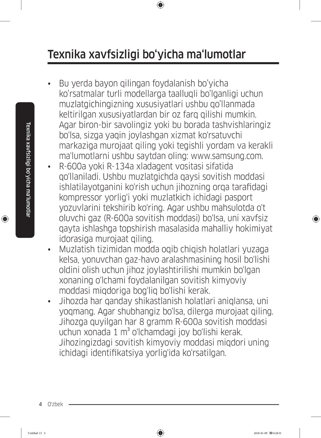 Samsung RT32K5132WW/WT, RT32K5132S8/WT, RT29K5030WW/WT, RT35K5440S8/WT manual Texnika xavfsizligi bo‘yicha ma‘lumotlar 