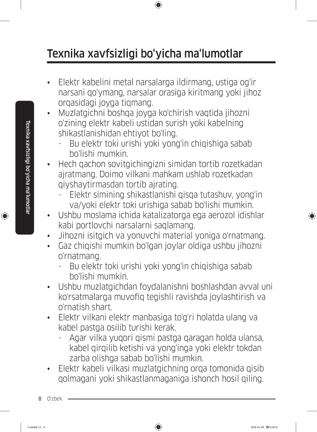 Samsung RT32K5132S8/WT, RT32K5132WW/WT, RT29K5030WW/WT, RT35K5440S8/WT manual Texnika xavfsizligi bo‘yicha ma‘lumotlar 