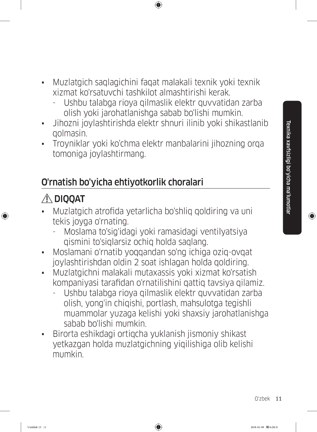 Samsung RT35K5440S8/WT, RT32K5132S8/WT, RT32K5132WW/WT, RT29K5030WW/WT manual Ornatish boyicha ehtiyotkorlik choralari 