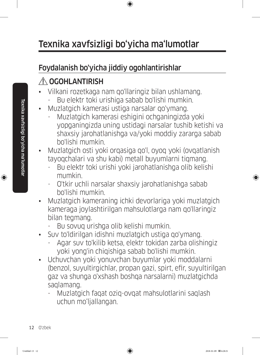 Samsung RT29K5030S8/WT, RT32K5132S8/WT, RT32K5132WW/WT, RT29K5030WW/WT manual Foydalanish boyicha jiddiy ogohlantirishlar 