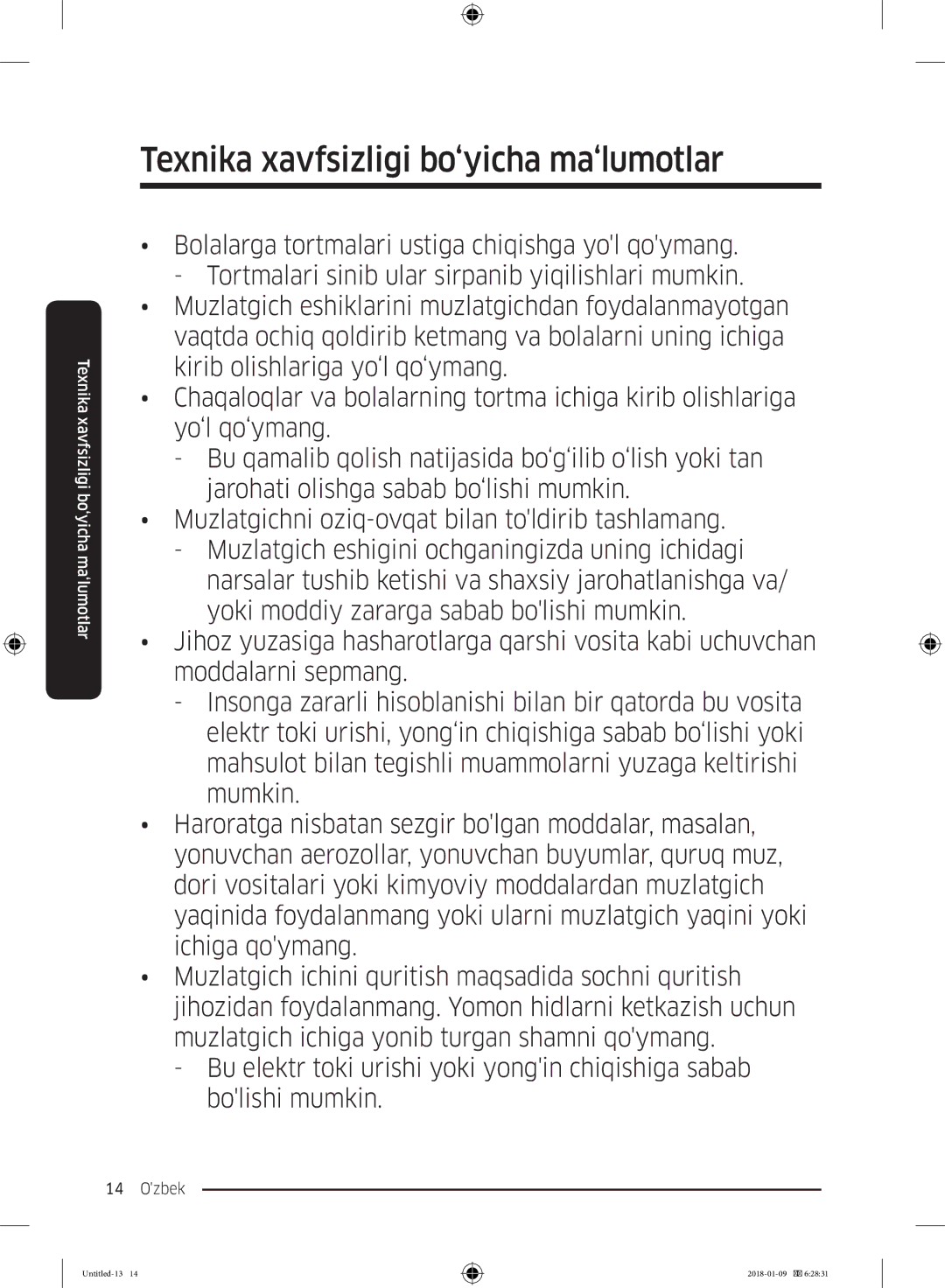 Samsung RT32K5132WW/WT, RT32K5132S8/WT, RT29K5030WW/WT, RT35K5440S8/WT manual Texnika xavfsizligi bo‘yicha ma‘lumotlar 