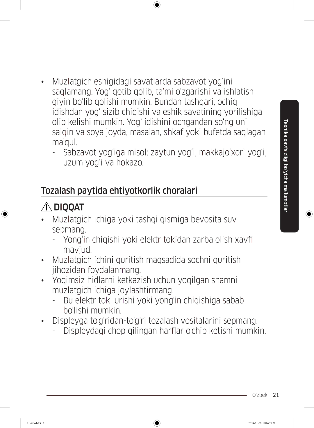 Samsung RT35K5440S8/WT, RT32K5132S8/WT, RT32K5132WW/WT, RT29K5030WW/WT manual Tozalash paytida ehtiyotkorlik choralari 