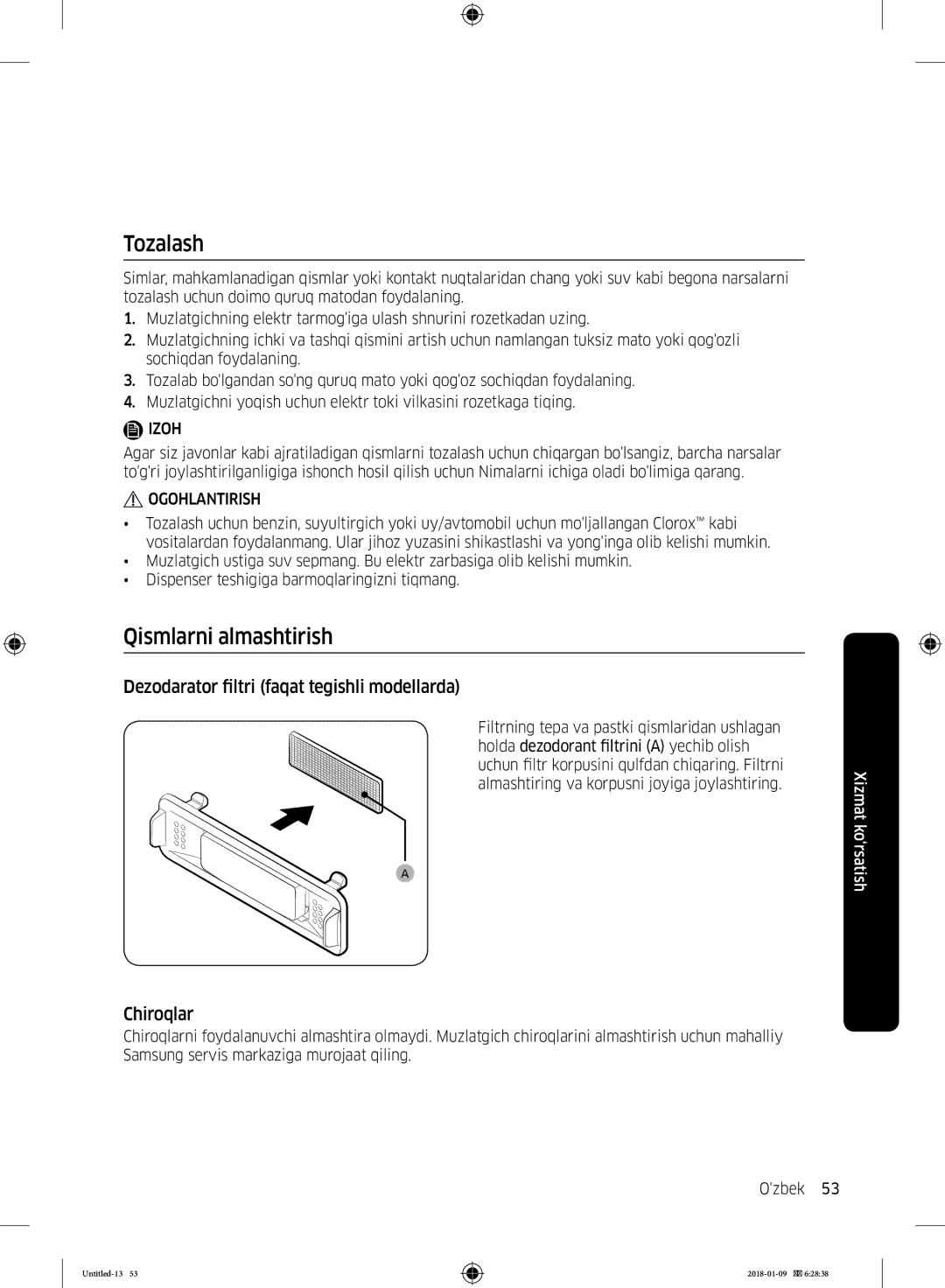 Samsung RT32K5132S8/WT, RT32K5132WW/WT, RT29K5030WW/WT manual Dezodarator filtri faqat tegishli modellarda, Chiroqlar 