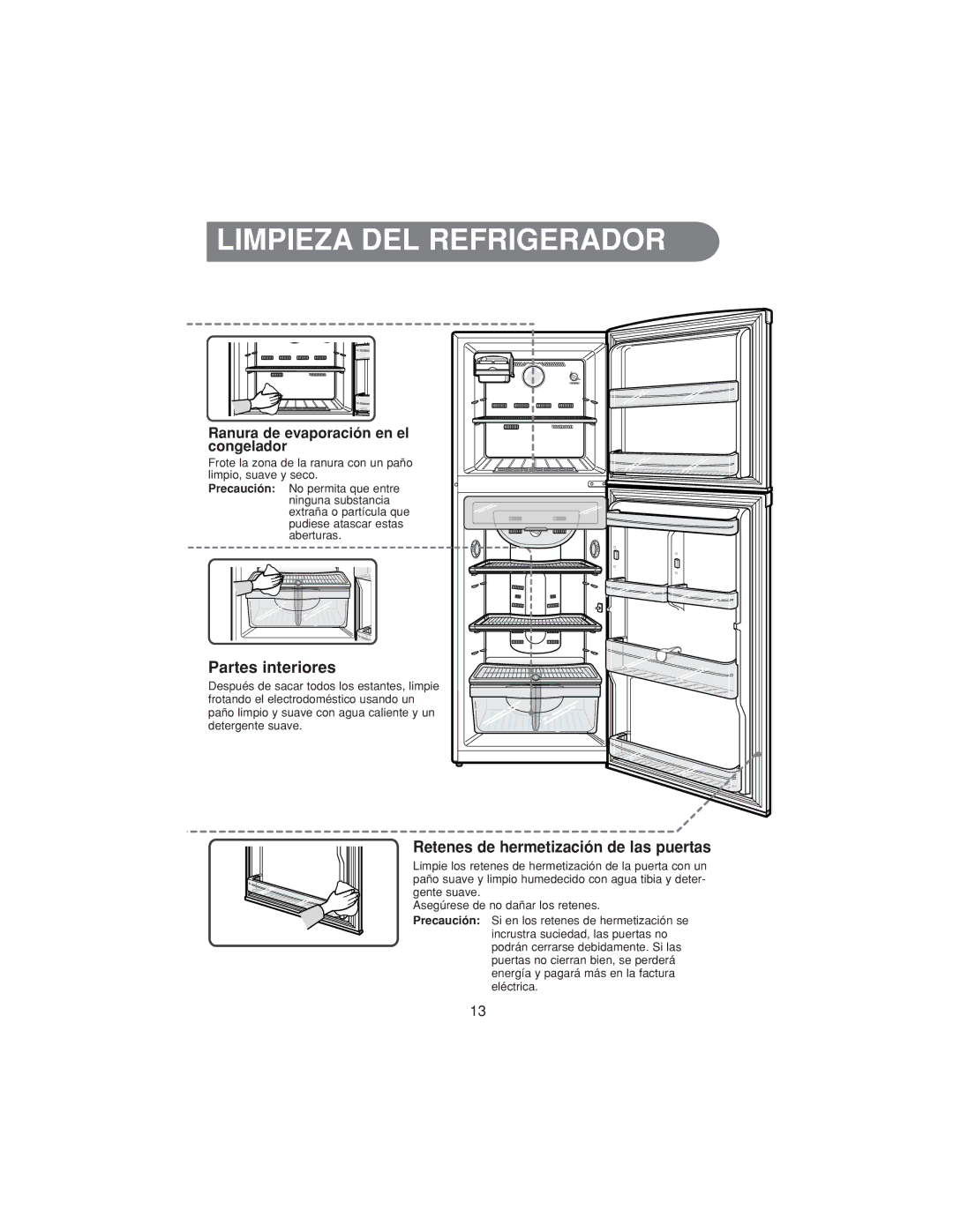 Samsung RT34MBSW1/XEP Partes interiores, Retenes de hermetización de las puertas, Ranura de evaporación en el congelador 