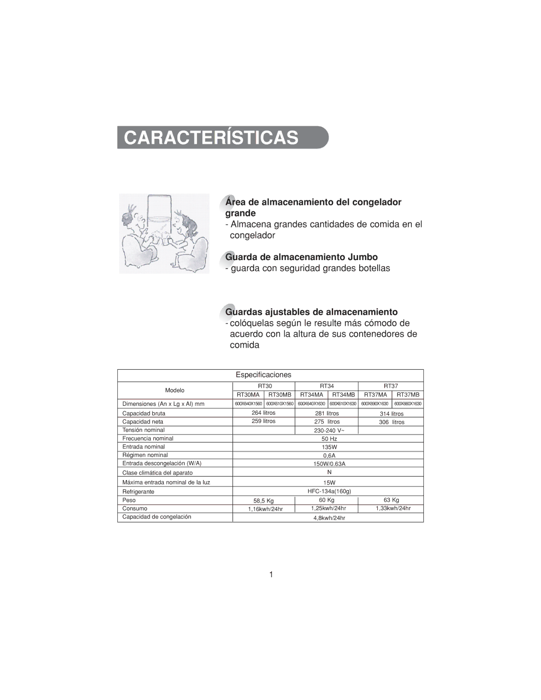 Samsung RT37MASW1/FAL manual Características, Área de almacenamiento del congelador grande, Guarda de almacenamiento Jumbo 