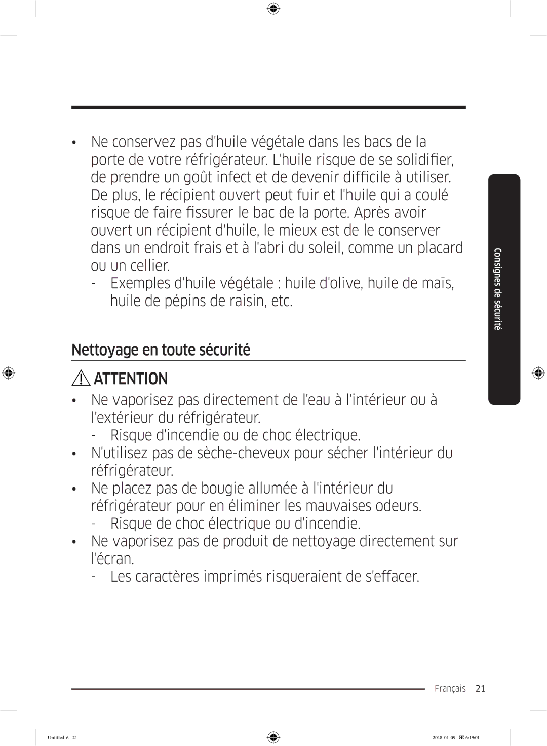 Samsung RT32K5000S9/EF, RT35K5500WW/EF, RT29K5000S9/EF, RT32K5000WW/EF, RT38K5400S9/EF manual Nettoyage en toute sécurité 