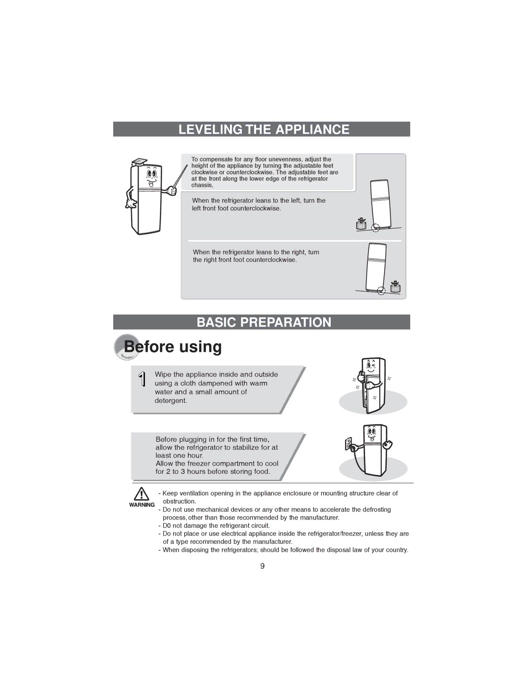 Samsung RT37G, RT37D, RT34G, RT37S, RT30G, RT30S, RT34S, RT34D, RT30D Before using, Leveling the Appliance, Basic Preparation 