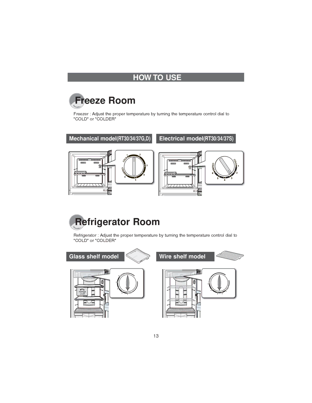 Samsung RT34S, RT37D, RT34G, RT37G, RT37S, RT30G, RT30S, RT34D, RT30D manual Freeze Room, Refrigerator Room, HOW to USE 