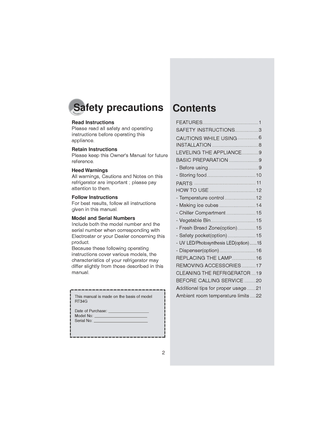 Samsung RT30G, RT37D, RT34G, RT37G, RT37S, RT30S, RT34S, RT34D, RT30D manual Safety precautions Contents 