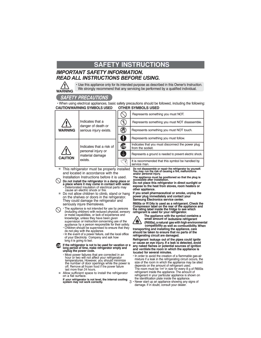 Samsung RT30S, RT37D, RT34G, RT37G, RT37S, RT30G, RT34S, RT34D, RT30D manual Safety Instructions 