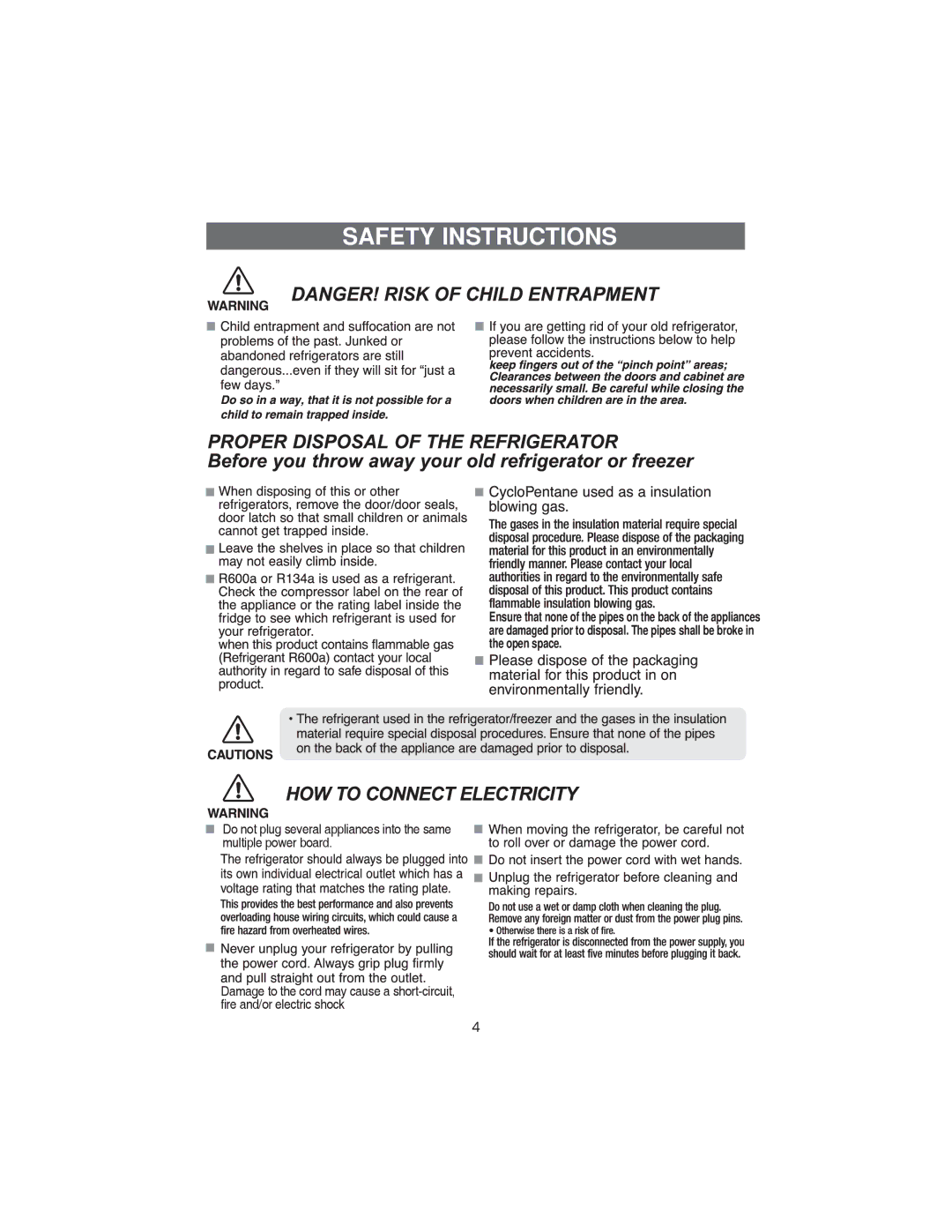 Samsung RT34S, RT37D, RT34G, RT37G, RT37S, RT30G, RT30S, RT34D, RT30D manual Safety Instructions 