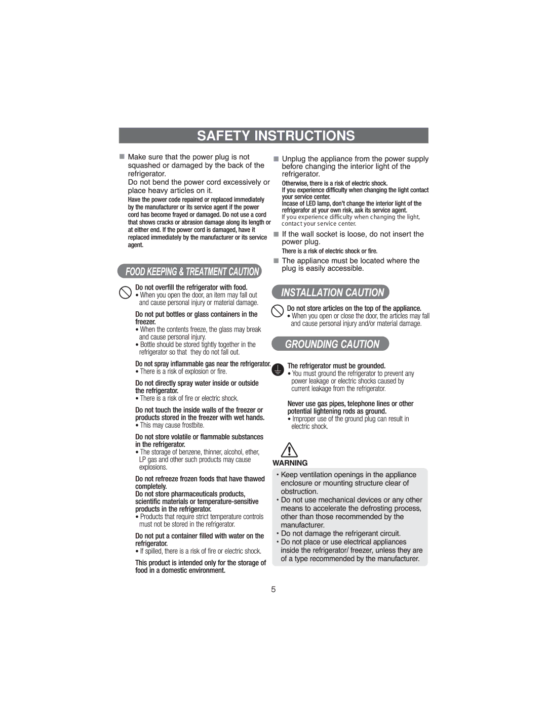 Samsung RT34D, RT37D, RT34G, RT37G, RT37S, RT30G, RT30S, RT34S, RT30D manual Safety Instructions 