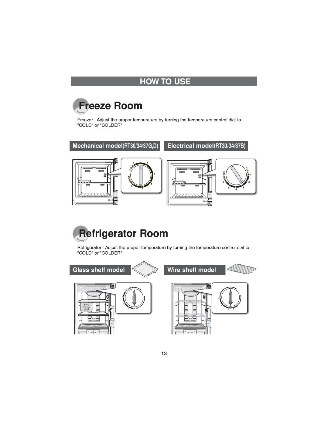 Samsung RT34S, RT37D Freeze Room, Refrigerator Room, How To Use, Mechanical modelRT30/34/37G,D Electrical modelRT30/34/37S 