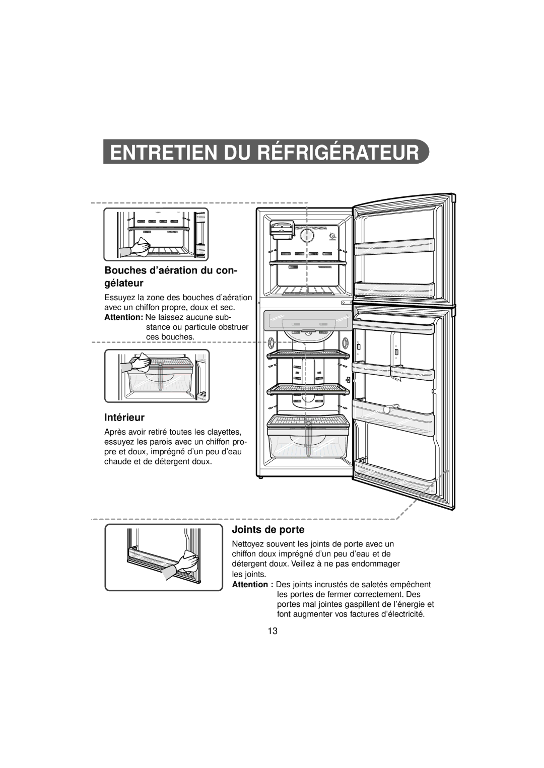 Samsung RT37MASW1/XEF manual Entretien DU Réfrigérateur, Bouches d’aération du con- gélateur, Intérieur, Joints de porte 