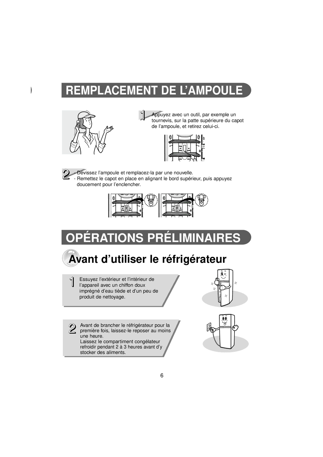 Samsung RT34MASW1/XEF manual Remplacement DE L’AMPOULE, Opérations Préliminaires, Avant d’utiliser le réfrigérateur 