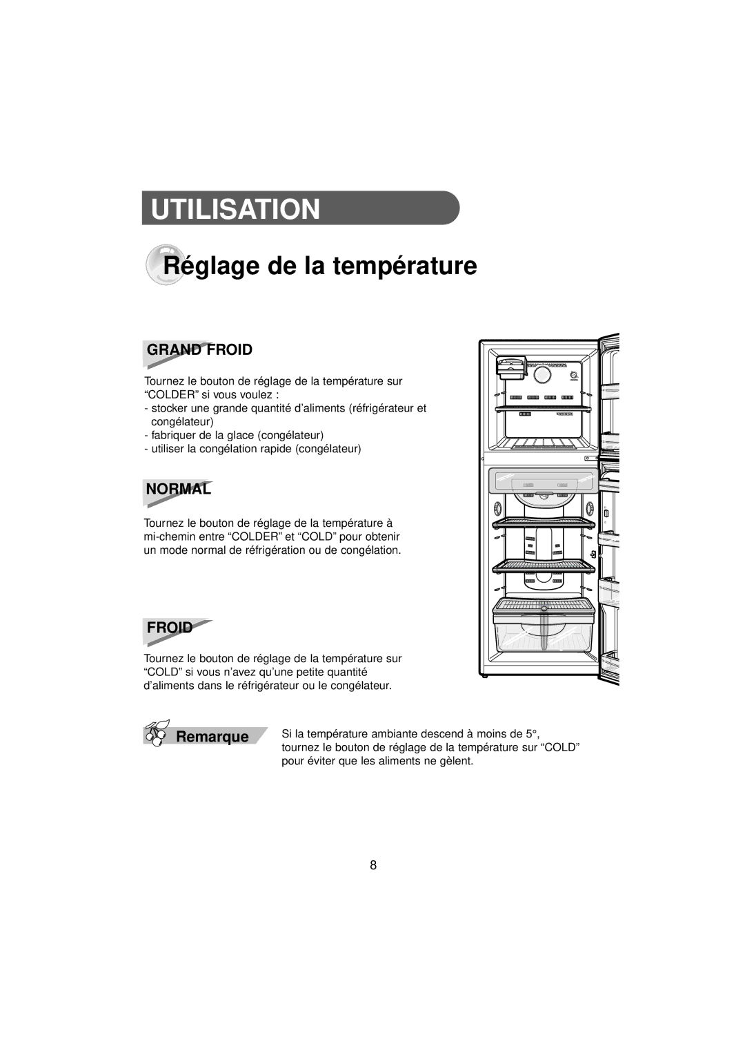 Samsung RT37MBSW1/XEF, RT37MBMG1/XEK, RT30MASW1/CAF, RT37MASW1/XEF, RT37MBSW2/XEF manual Utilisation, Réglage de la température 