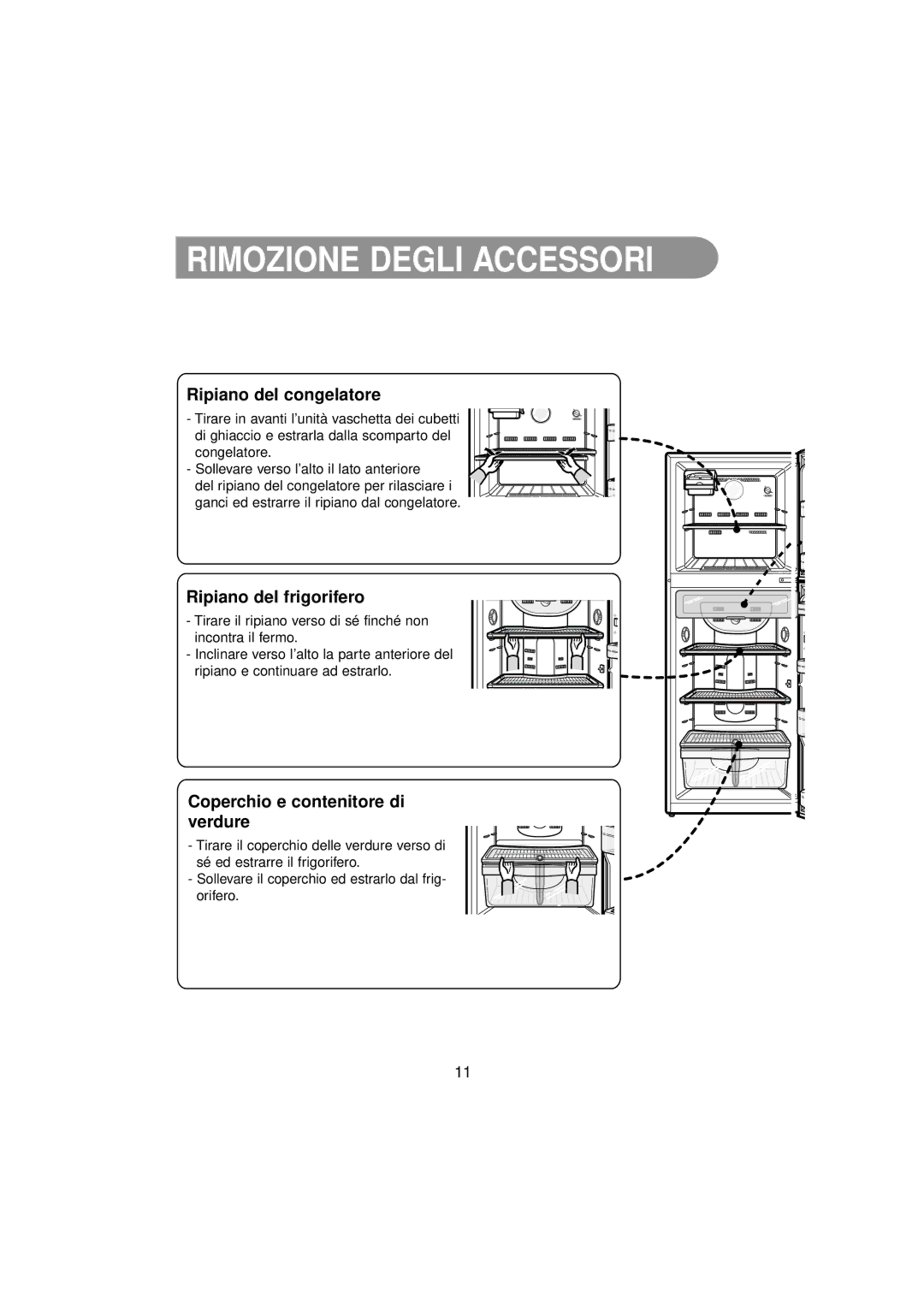 Samsung RT37MBSS1/BWT, RT34MASS1/XET manual Rimozione Degli Accessori, Ripiano del congelatore, Ripiano del frigorifero 