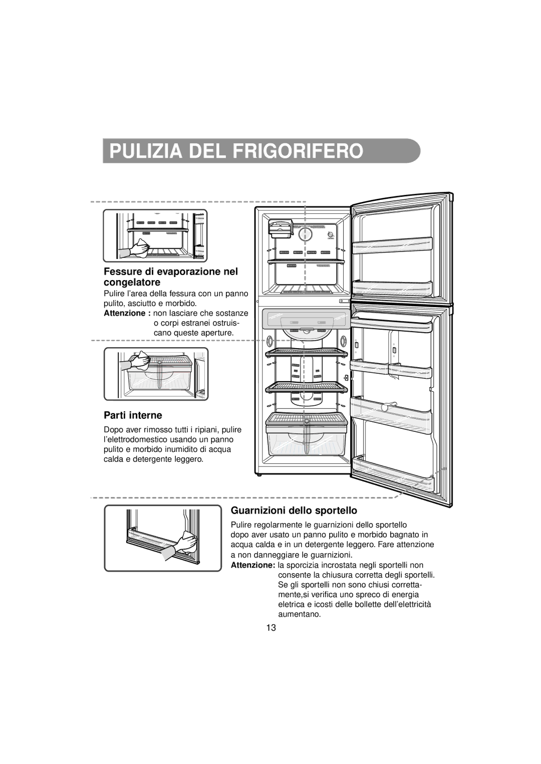 Samsung RT34MASS1/XES, RT37MBSS1/BWT manual Pulizia DEL Frigorifero, Fessure di evaporazione nel congelatore, Parti interne 