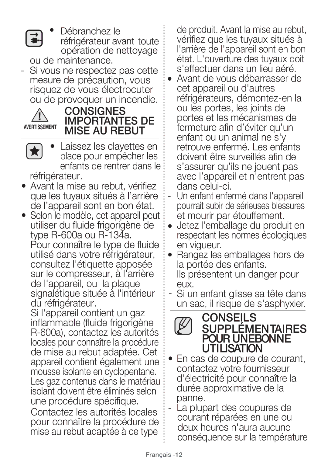 Samsung RT32FAJADSA/EF, RT38FEAADSA/EF manual Consignes Importantes DE, Réfrigérateur Avant la mise au rebut, vériﬁez 