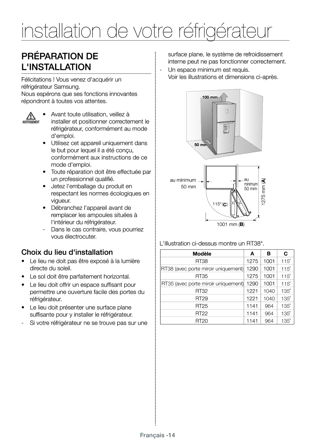 Samsung RT25FARADSA/EF, RT38FEAADSA/EF, RT29FARADWW/EF, RT25HAR4DWW/EF, RT25HAR4DS9/EF manual RT38 avec porte miroir uniquement 