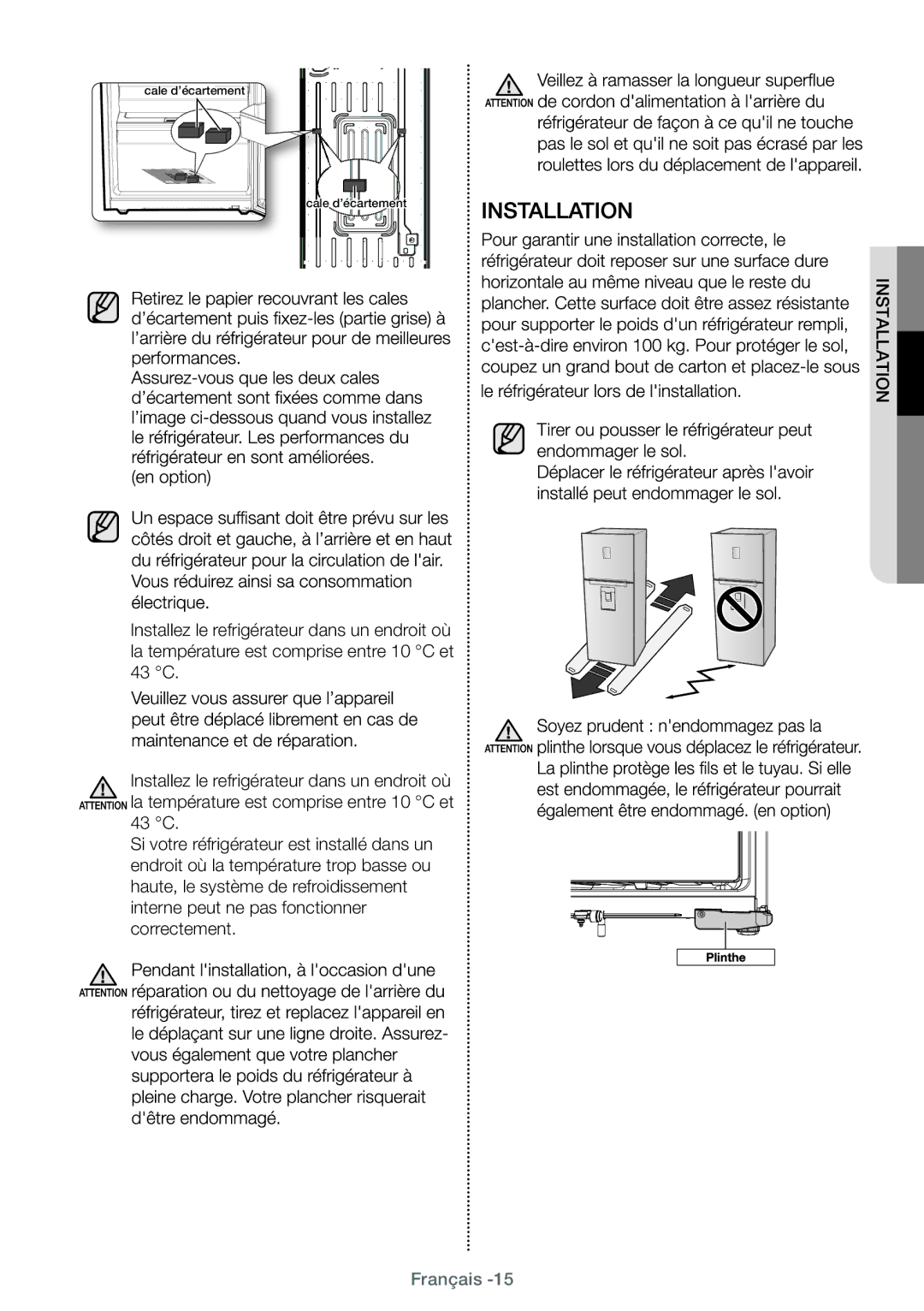 Samsung RT29FARADSA/EF, RT38FEAADSA/EF, RT29FARADWW/EF, RT25HAR4DWW/EF, RT25HAR4DS9/EF, RT29FAJADWW/EF manual Installation 