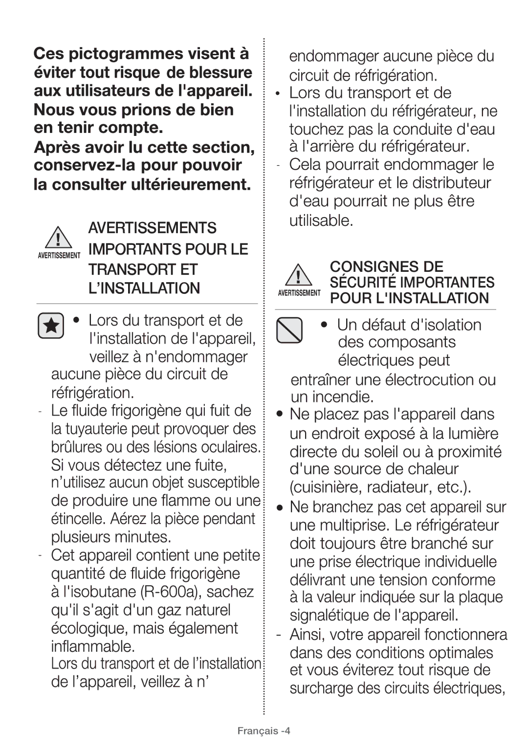 Samsung RT29FAJADWW/EF, RT38FEAADSA/EF, RT29FARADWW/EF, RT25HAR4DWW/EF, RT25HAR4DS9/EF manual Consignes DE, Pour Linstallation 